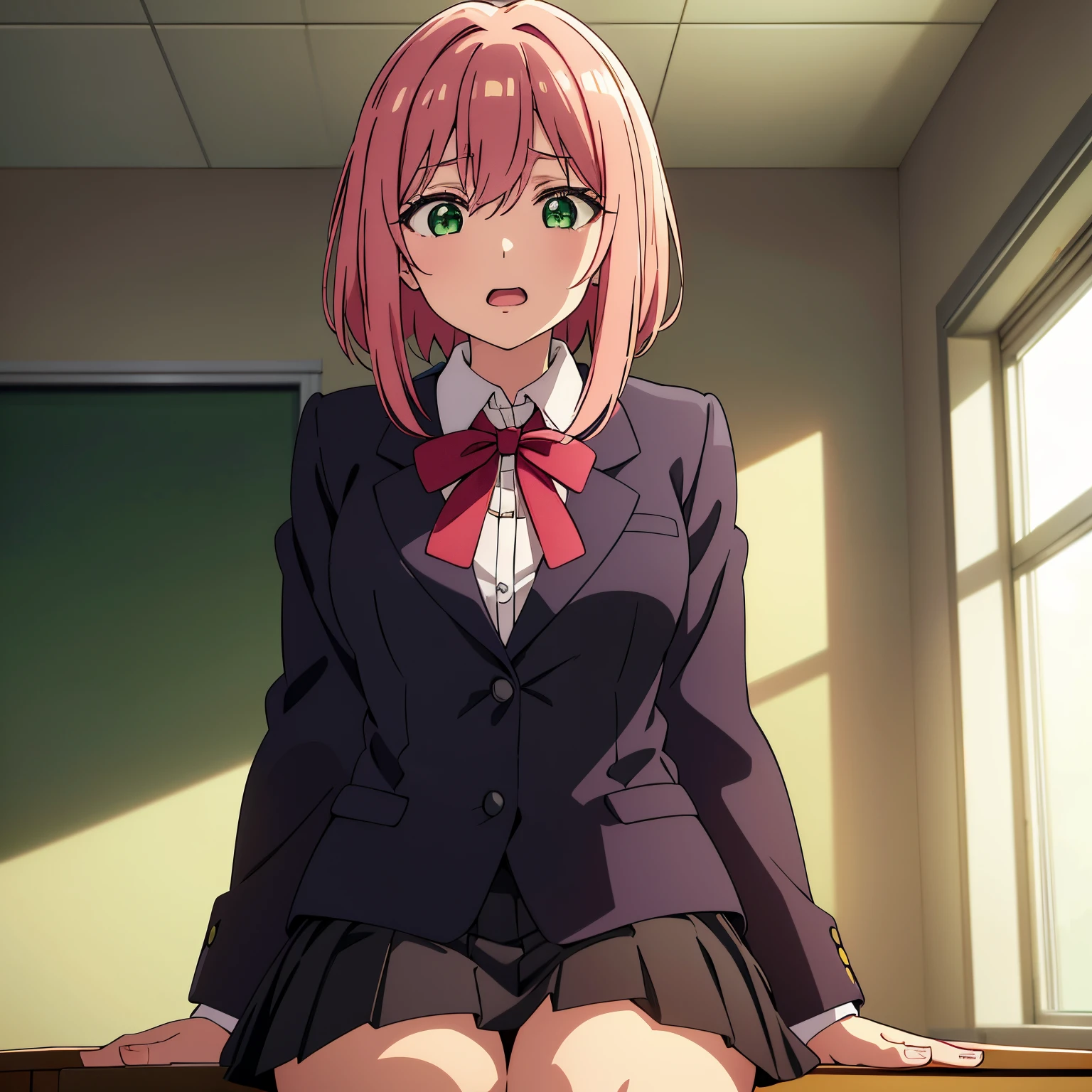 1girl, alone, hakari hanazono, short hair, hair ornament, (green eyes), pink hair, flower, hair flower, hair between the eyes, side locks, seductive, embarrassed, open mouth, skirt, shirt, bow, school uniform, blazer, white shirt, neckline, pleated skirt, collared shirt, black skirt, red bow, neck bow, looking at the viewer, indoors, classroom (cowboy shot), sitting, sitting at desk, well-lit window, good lighting, dusk, , (masterpiece), best quality, high resolution, unity 8k wallpaper, (illustration), (beautiful detailed eyes), extremely detailed face, perfect lighting, extremely detailed CG, (perfect hands, perfect anatomy),