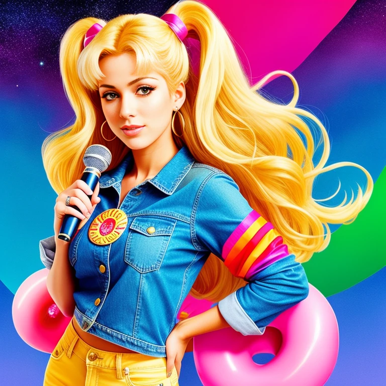 "(Mature and realistic portrayal:1.2) Sailor Moon exuding confidence as she holds a microphone, her blonde hair cascading down, adorned in stylish rainbow denim clothes from the 2000s, with a backdrop filled with donuts."