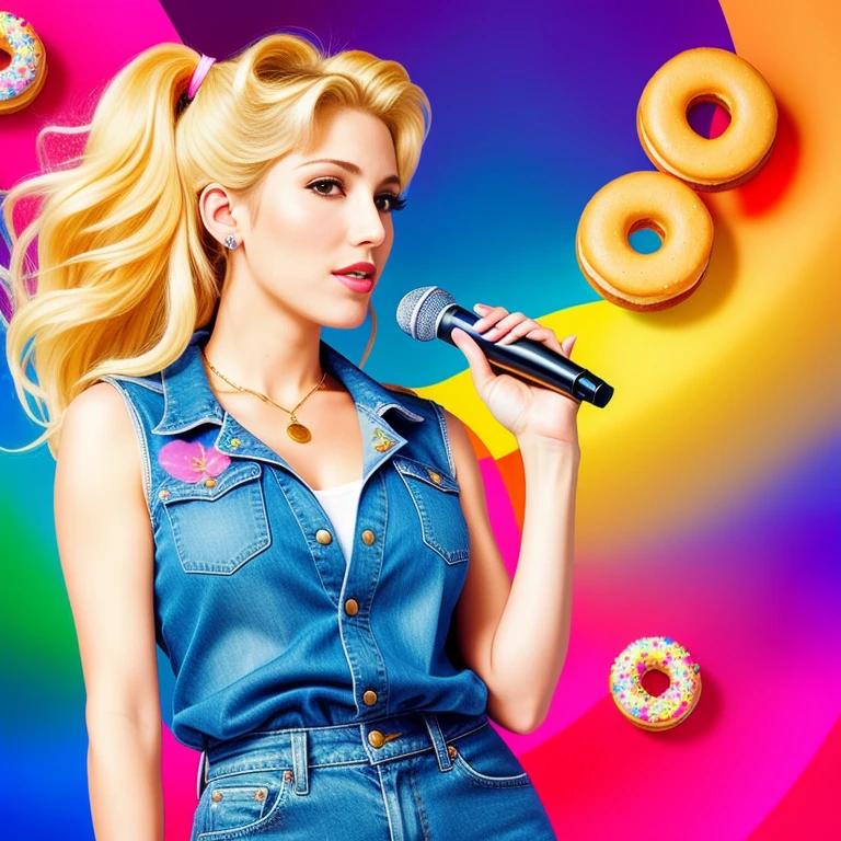"(Mature and realistic portrayal:1.2) Sailor Moon exuding confidence as she holds a microphone, her blonde hair cascading down, adorned in stylish rainbow denim clothes from the 2000s, with a backdrop filled with donuts."