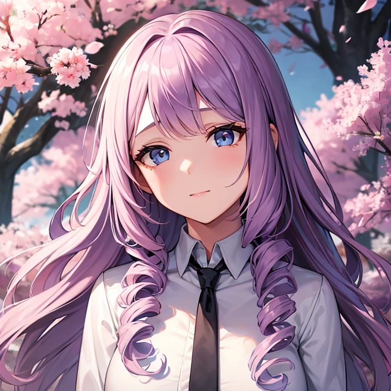 A portrait of a young girl with long violet wavy hair and drill curls, side-swept bangs, blue eyes, ligh tanned skin, soft smile, wearing white long sleeved blouse with black necktie, blue checkered skirt, at a cherry blossom park