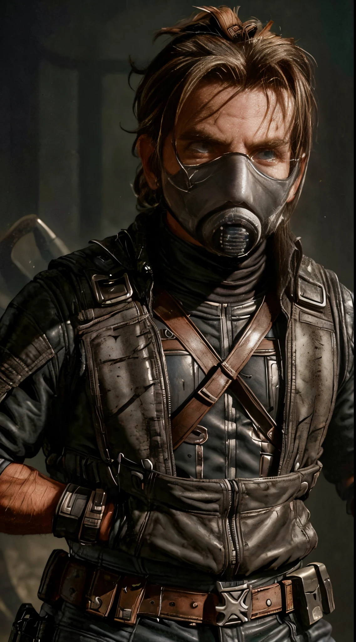 ((Bradley Cooper)) as Kabal from Mortal Kombat, solo, short ponytail, (face covered by a respirator:1.2), wears a wasteland outfit, (wields twin hooks:1.2), (cowboy shot), (full body view), intricate, high detail, sharp focus, dramatic, photorealistic painting art by greg rutkowski