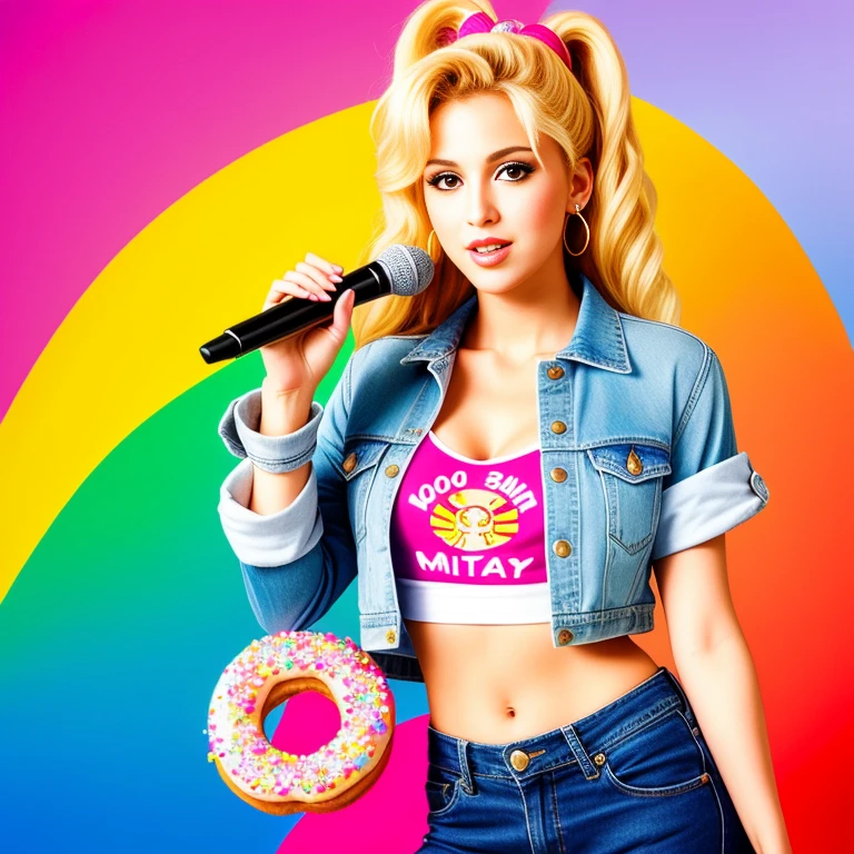"(Mature and realistic portrayal:1.2) Sailor Moon exuding confidence as she holds a microphone, her blonde hair cascading down, adorned in stylish rainbow denim clothes from the 2000s, with a backdrop filled with donuts."