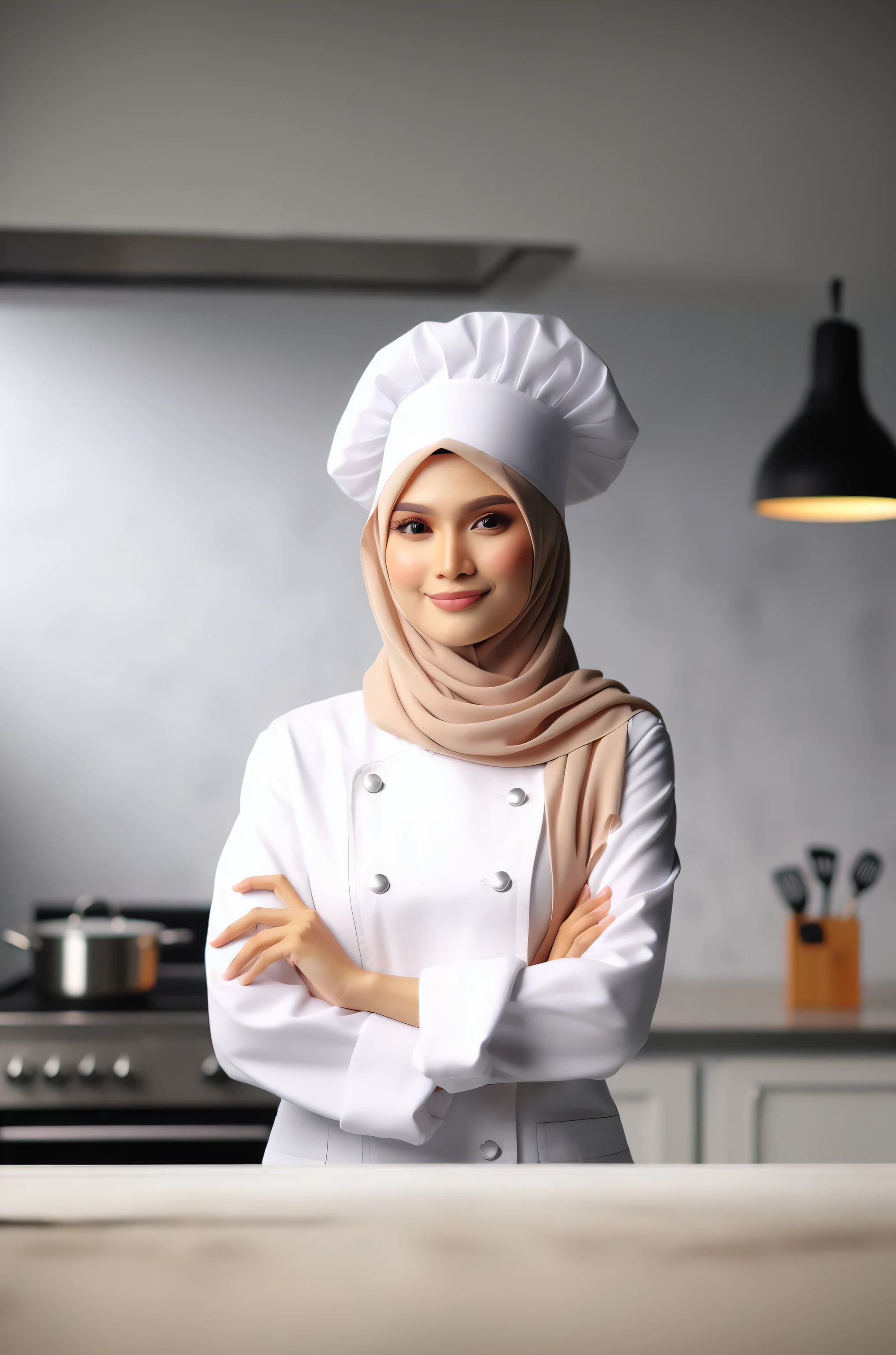 potrait photography,a muslim women malay chef, 30 years old, wearing a white chef uniform, crossing hand posing, whiteroom studio, shoot by canon r6, 85mm f1.2, 4k resolution