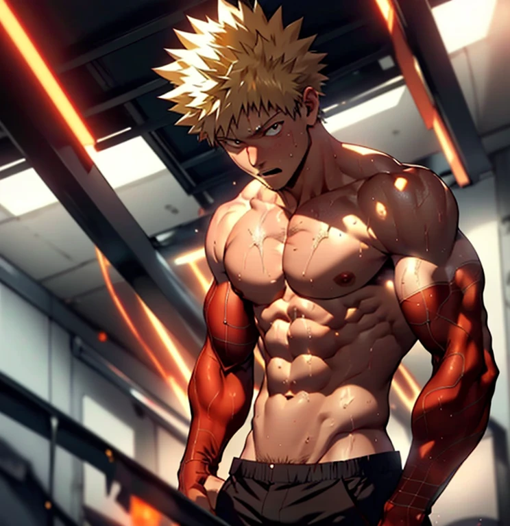 hands behind head, masterpiece, best quality red eyes, game cg, 1boy naked and V-Line sweating, solo, male focus, (looking at viewer), upper body sweating, bakugo katsuki, yellow hair, red eyes, shirtless naked, toned muscle sweating, pectorals, 8 abs, toned legs, naked legs, slightly bulged,  detailed, dynamic lighting, well lit, naked body, explosionmagic in the air, glowing aura in the background