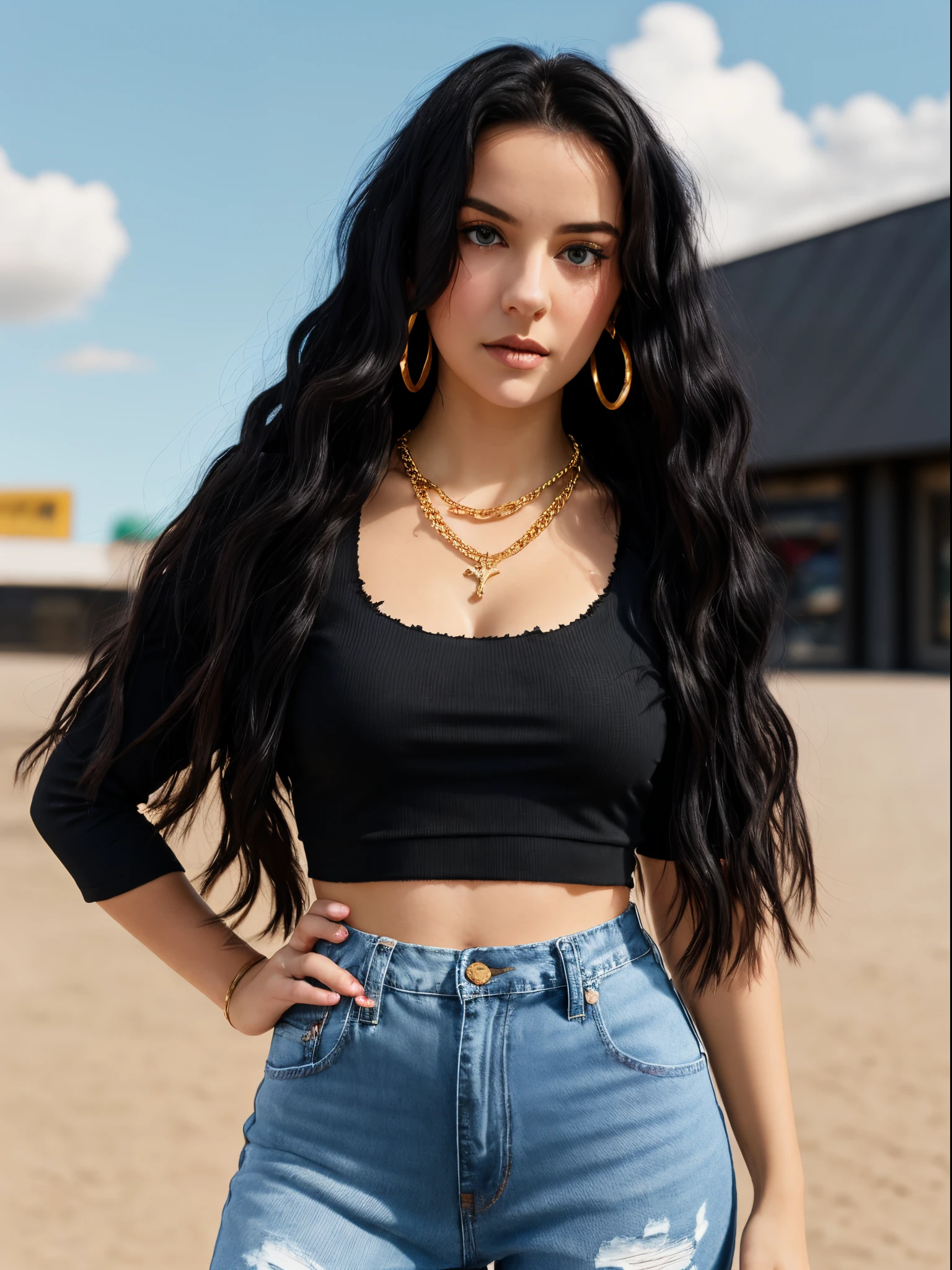 5”4 girl with long black hair and brown eyes wearing a black crop top, black ripped mom jeans, and a small gold chain necklace with a 5”7 girl that has curly dark brown hair and sky blue eyes wearing a black crop top and blue mom jeans as pixar characters