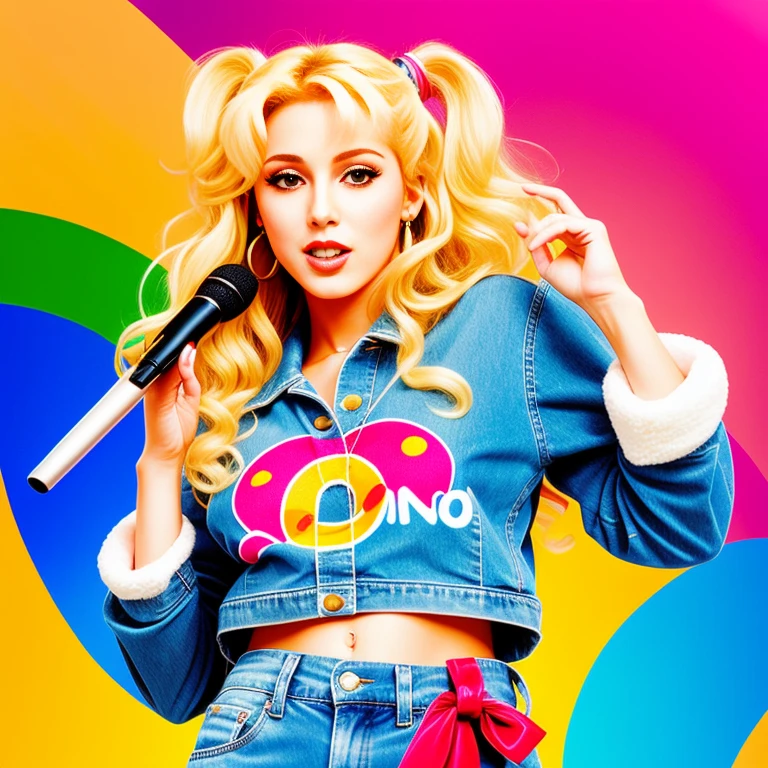 "(Mature and realistic portrayal:1.2) Sailor Moon exuding confidence as she holds a microphone, her blonde hair cascading down, adorned in stylish rainbow denim clothes from the 2000s, with a backdrop filled with donuts."