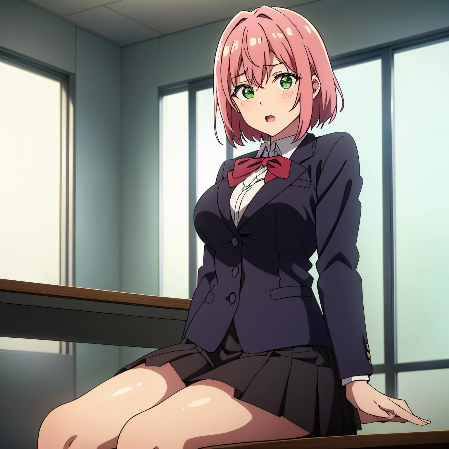 1girl, alone, hakari hanazono, short hair, hair ornament, (green eyes), pink hair, flower, hair flower, hair between the eyes, side locks, seductive, embarrassed, open mouth, skirt, shirt, bow, school uniform, blazer, white shirt, neckline, pleated skirt, collared shirt, black skirt, red bow, neck bow, looking at the viewer, indoors, classroom (cowboy shot), sitting, sitting at desk, well-lit window, good lighting, dusk, , (masterpiece), best quality, high resolution, unity 8k wallpaper, (illustration), (beautiful detailed eyes), extremely detailed face, perfect lighting, extremely detailed CG, (perfect hands, perfect anatomy), good hands, big breasts, medium waist, wide hips, wide thighs