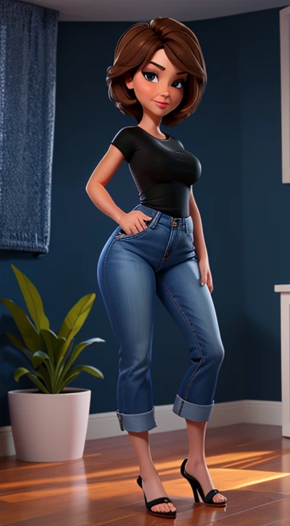 Aunt Cass, beautiful, modest, standing, full body, jeans, black shirt, flirty, facing viewer, looking at viewer