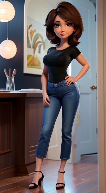 Aunt Cass, beautiful, modest, standing, full body, jeans, black shirt, flirty, facing viewer, looking at viewer