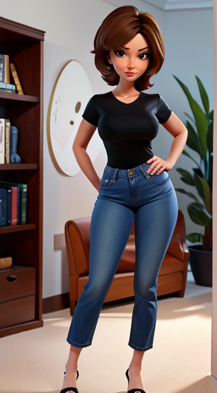 Aunt Cass, beautiful, modest, standing, full body, jeans, black shirt, flirty, facing viewer, looking at viewer