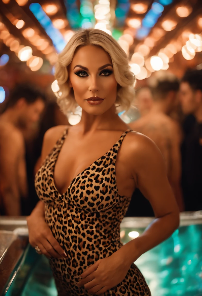 A photo of the cougar posing in a revealing leopard print bodysuit, surrounded by young men at a trendy nightclub,original,Blonde, white, fake boobs. Fillers and other cosmetic surgeries. Dresses in too small clothes and has loads of makeup. , female