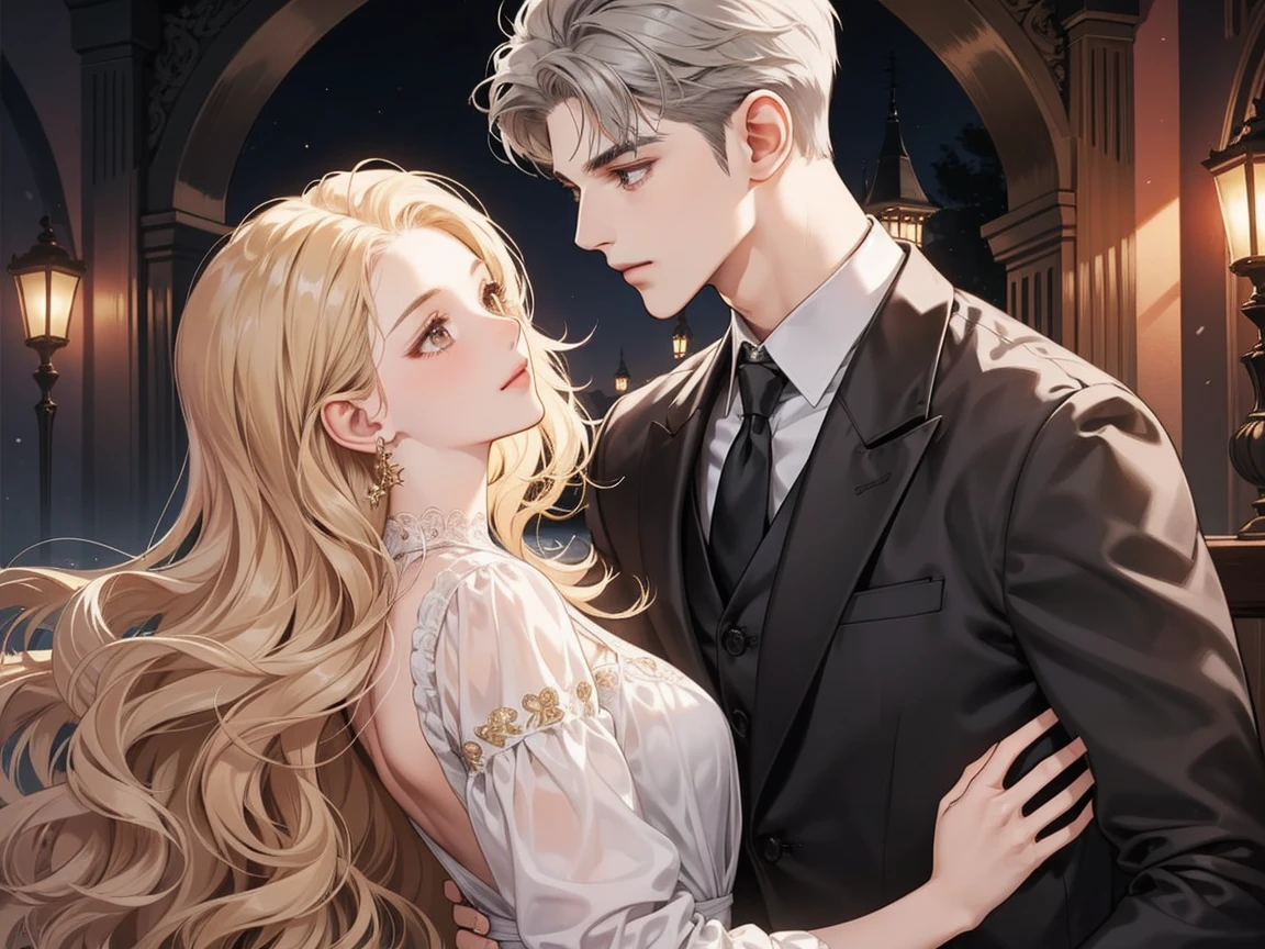 couple, 1 Girl 1 Boy, different hair color, (Girl with long curly brown hair with no bangs, brown eyes, dark skin, wearing a gold evening dress)(Boy with short pale blonde hair and gray eyes, pushed back hairstyle) Romance, ballroom, evening atmosphere