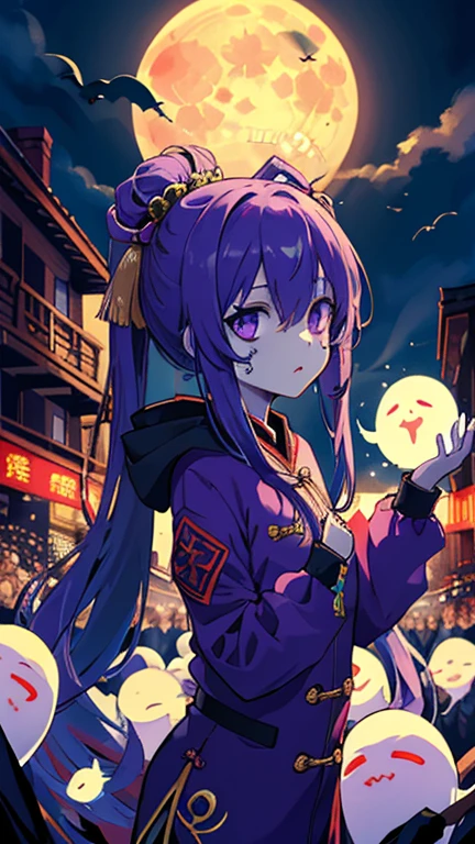 High in the middle hangs a golden full moon,Under the full moon, a girl wearing a Chinese-style purple zombie suit is facing the audience.,Surrounded by a group of transparent ghosts and flying spells,k hd,mistic,nigth