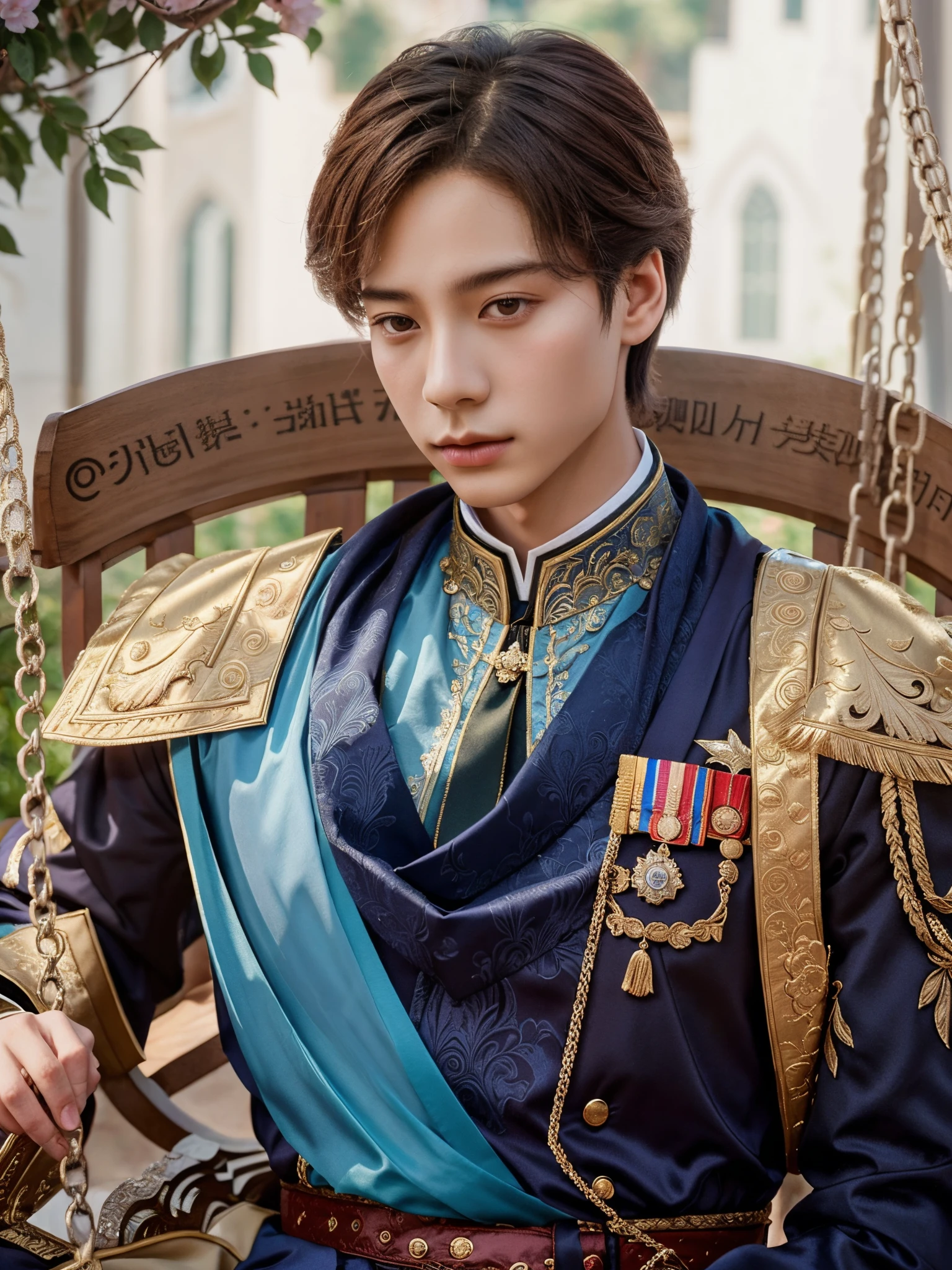there is a man in a uniform sitting on a swing, beautiful androgynous prince, delicate androgynous prince, handsome prince, renaissance prince, inspired by Bian Shoumin, highly detailed exquisite fanart, royal elegant pose, royal portrait, inspired in kris from deltarrune, royal emperor, fanart, inspired by Kim Deuk-sin, inspired by Huang Shen