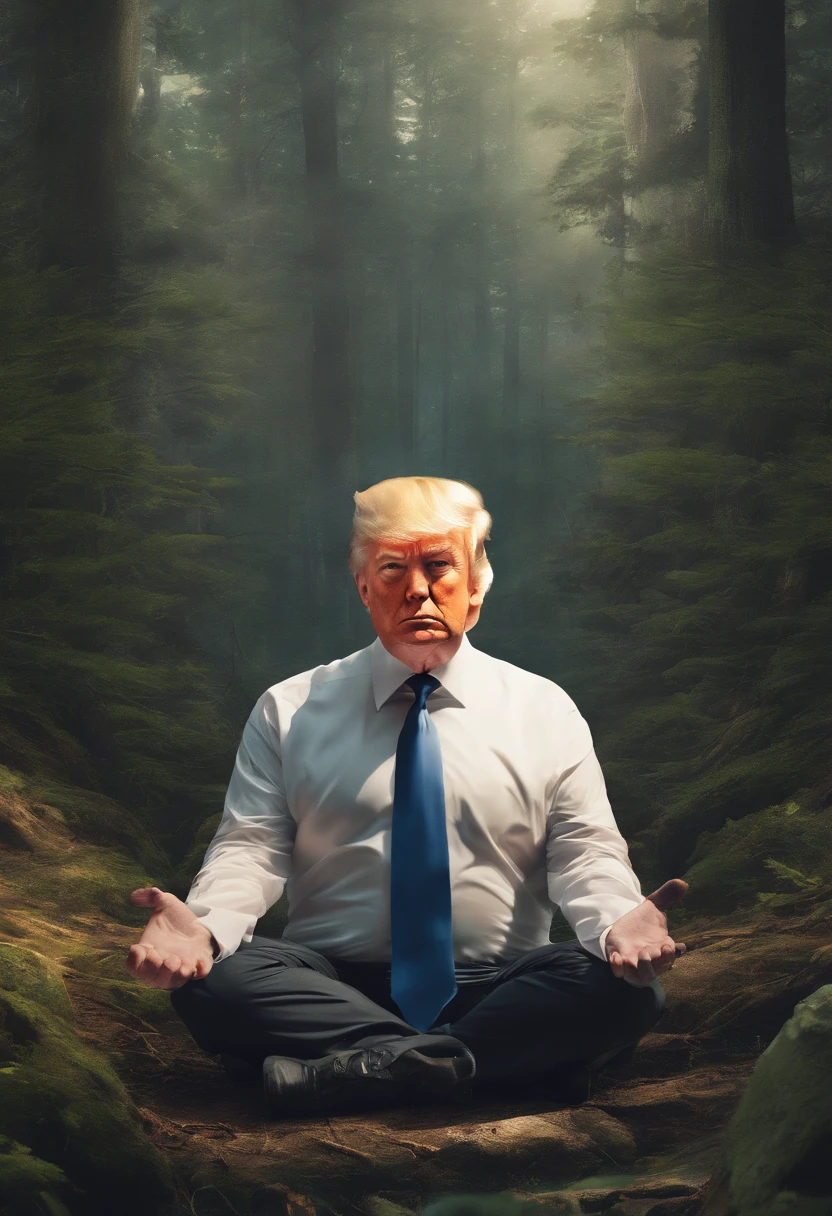 Portrait of a realistic Donald Trump, meditating in the forest on a flat stone.