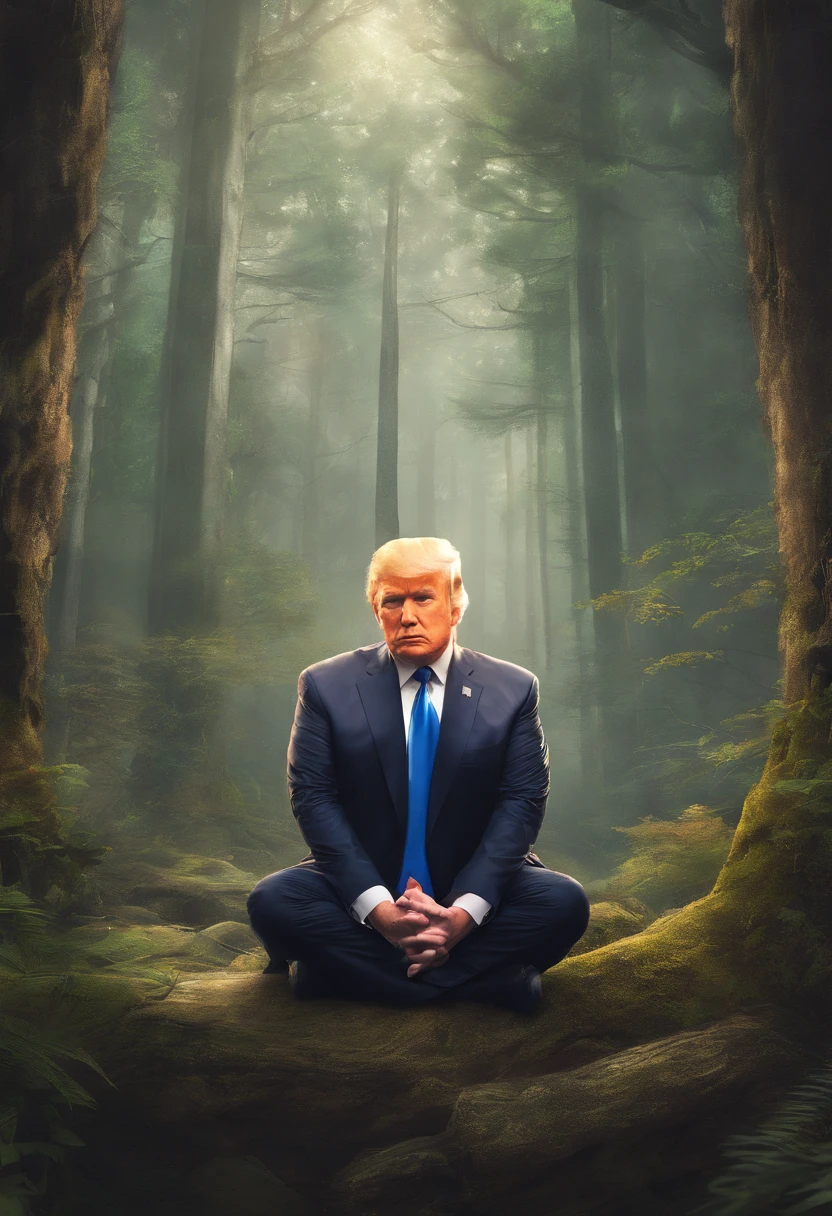 Portrait of a realistic Donald Trump, meditating in the forest on a flat stone.