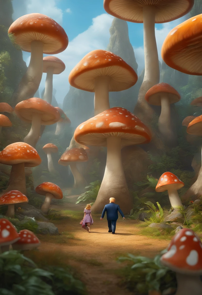 (beste-Qualit, tmasterpiece:1.3), (hyper realisitc:1.2), Donald Trump, Cute, giant mushrooms, Fantasy, Pixar, Masterpiece, running from Joe Biden, animation film
