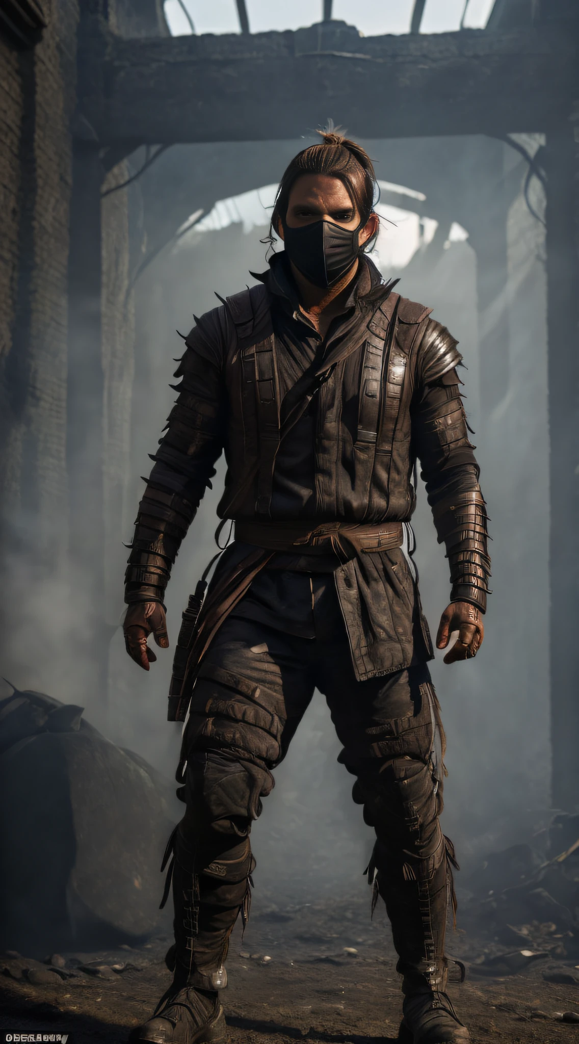 ((Bradley Cooper)) as Kabal from Mortal Kombat, solo, short ponytail, (face covered by a respirator:1.2), wears a wasteland outfit, (wields twin hooks:1.2), (cowboy shot), (full body view), (full body render), intricate, high detail, sharp focus, dramatic, photorealistic painting art by greg rutkowski