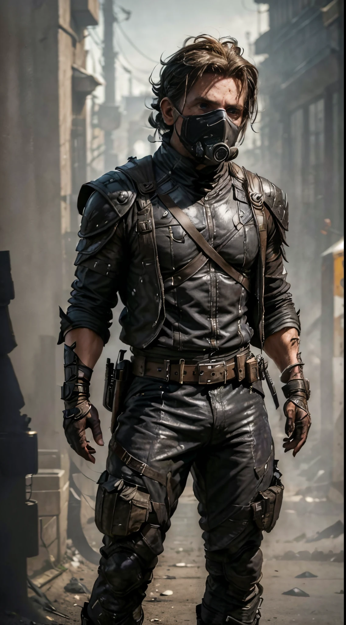 ((Bradley Cooper)) as Kabal from Mortal Kombat, solo, short ponytail, (face covered by a respirator:1.2), wears a wasteland outfit, (wields hooks:1.2), (cowboy shot), (full body view), (full body render), intricate, high detail, sharp focus, dramatic, photorealistic painting art by greg rutkowski