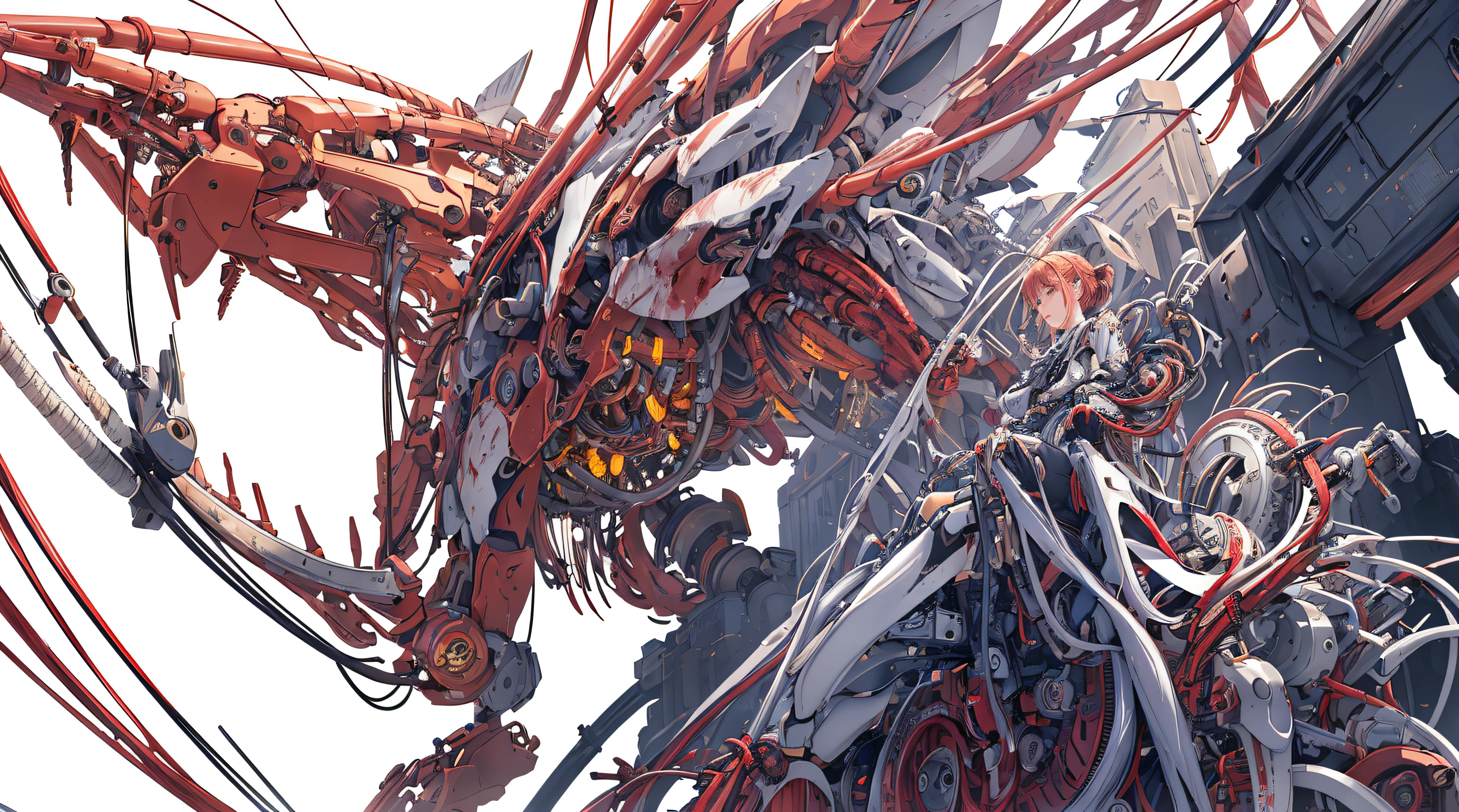 (masterpiece, top quality, best quality, official art, beautiful and aesthetic:1.2), (1girl:1.3), extreme detailed,colorful,highest detailed ((ultra-detailed)), (highly detailed CG illustration), ((an extremely delicate and beautiful)),(from side),cinematic light,((1mechanical girl)),solo,full body,(machine made joints:1.2),((machanical limbs)),(blood vessels connected to tubes),(mechanical vertebra attaching to back),((mechanical cervial attaching to neck)),(sitting),expressionless,(wires and cables attaching to neck:1.2),(wires and cables on head:1.2)(character focus),science fiction,white background,(blood:1.5)