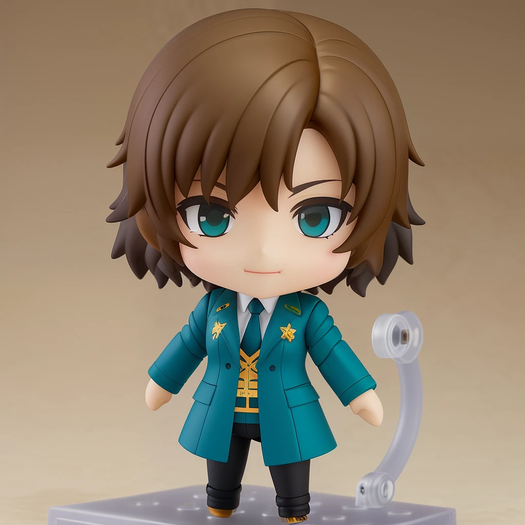 Nendoroid, tan skin, blond curly wavy short hair, eyepatch over right eye, teal eyes