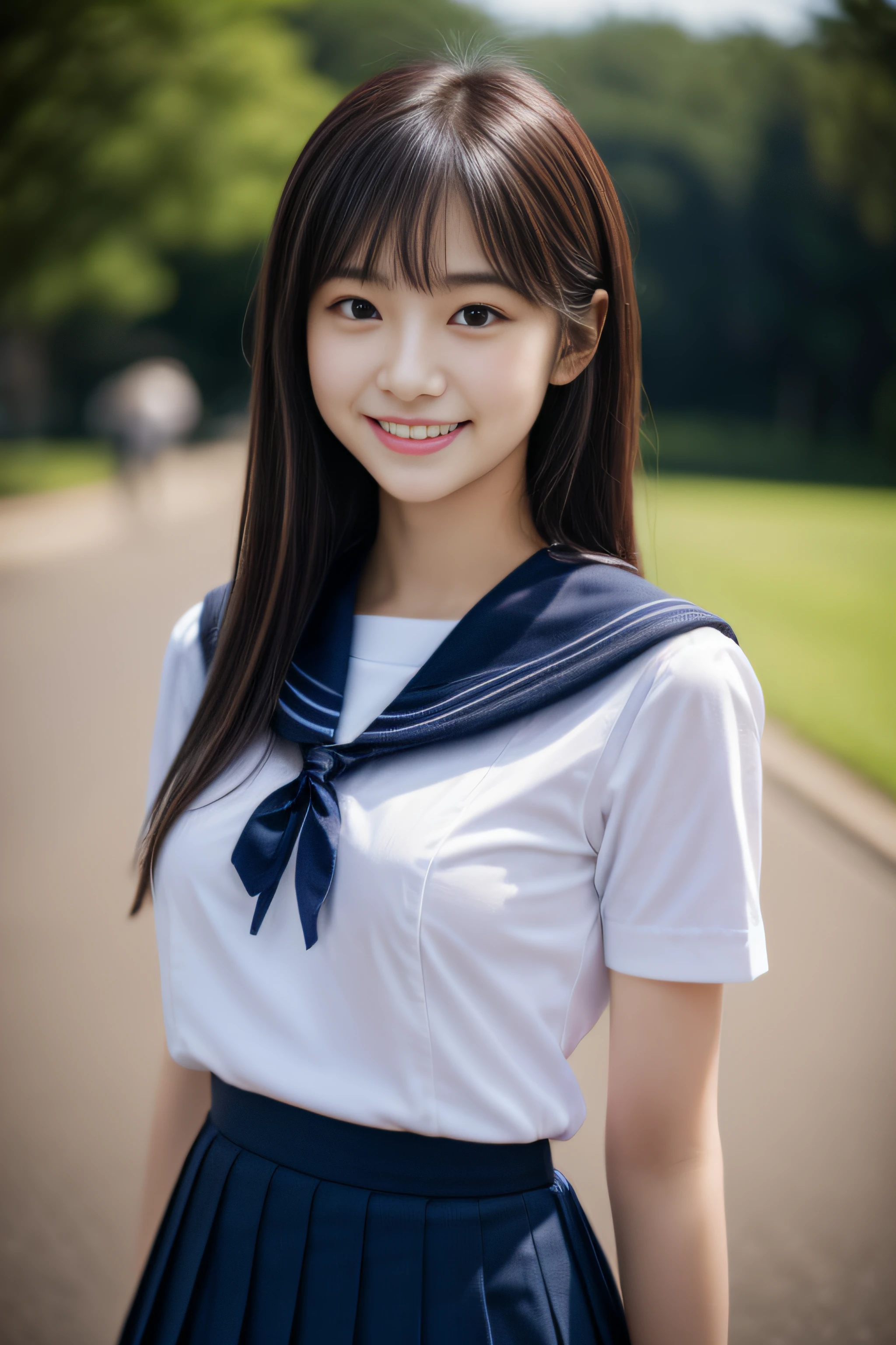 Close up of woman posing for photo,  Japanese Models, Beautiful Asian Girl, 18-year-old female model,  32K、bangss、A dark-haired、bobhair、Middle hair、Straight hair、(white  shirt, Sailor School Uniform, Dark blue pleated skirt:1.2),　(Super cute face in idol style:1.2)、slim and beautiful figure、beutiful breast、A smile、professional photograpy