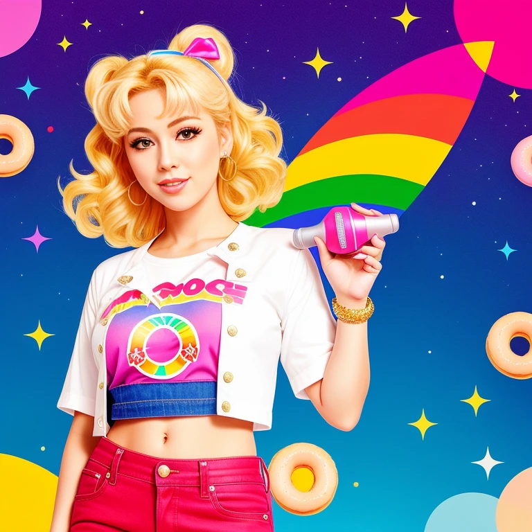 "(Mature and realistic portrayal:1.2) Sailor Chibi Moon exuding confidence as she holds a microphone, her blonde hair cascading down, adorned in stylish rainbow denim clothes from the 2000s, with a backdrop filled with donuts."