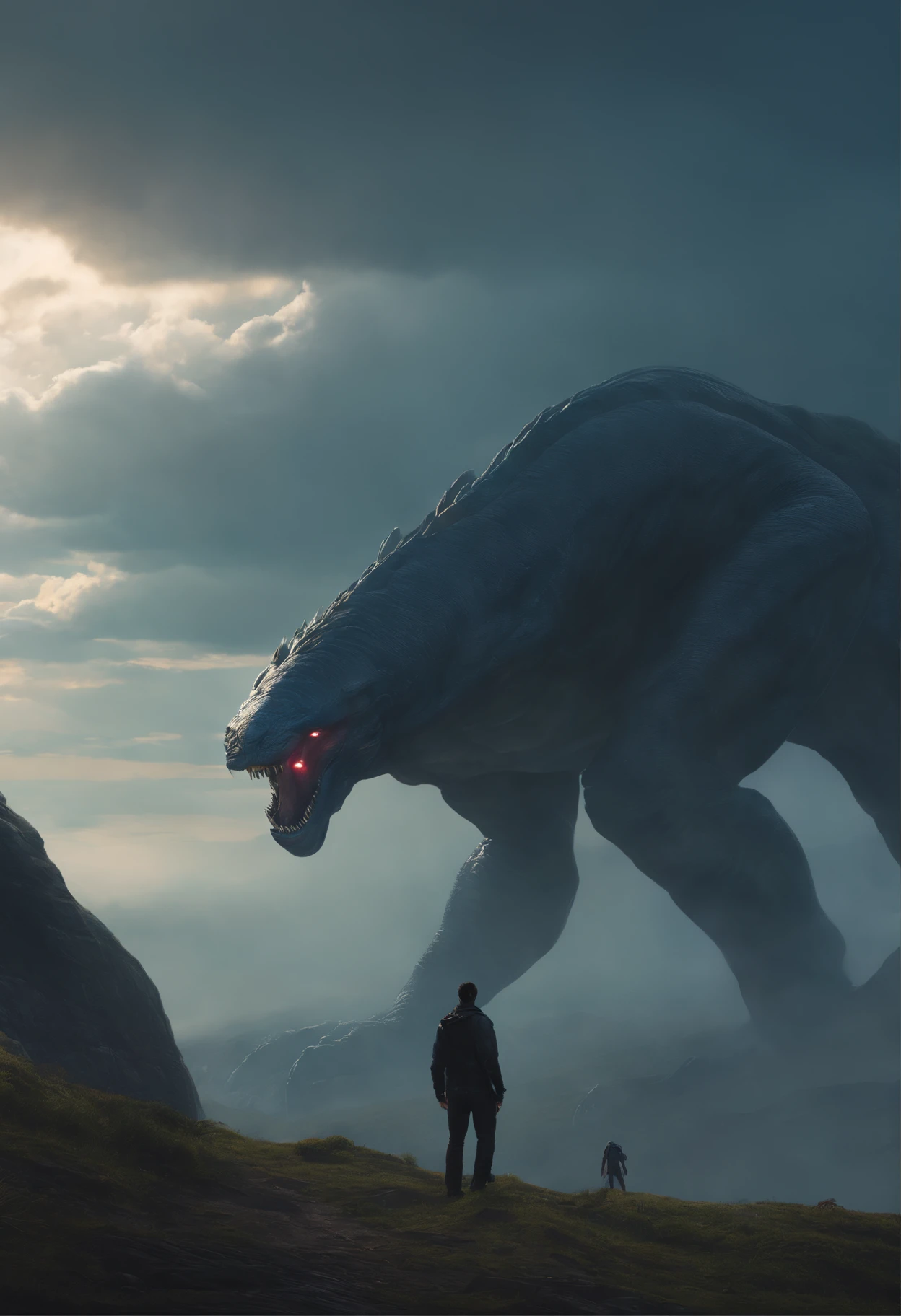 a highly detailed matte painting of a man on a hill watching a giant alien monster, by makoto shinkai, by artgerm, by wlop, by greg rutkowski, volumetric lighting, octane render, 4k resolution, trending on artstation, masterpiece