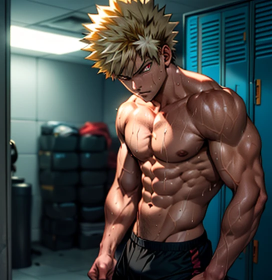 hands behind head, masterpiece, best quality red eyes, game cg, 1boy naked and V-Line sweating, solo, male focus, (looking at viewer), upper body sweating, bakugo katsuki, yellow hair, red eyes, shirtless naked, toned muscle sweating, pectorals, 8 abs, toned legs, naked legs, slightly bulged, detailed locker room, dynamic lighting, well lit, naked body, explosionmagic in the air, glowing aura in the background