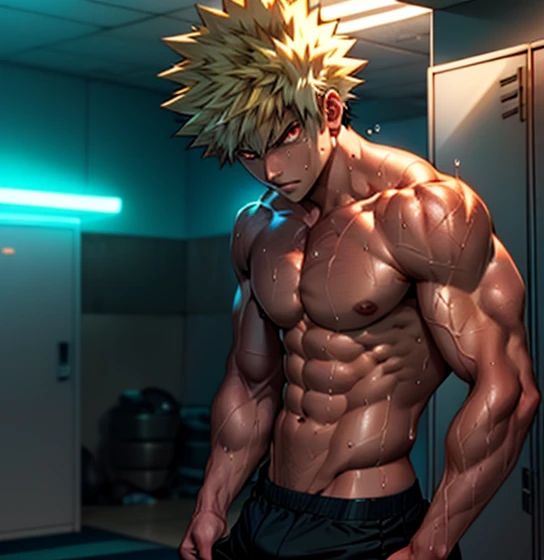 hands behind head, masterpiece, best quality red eyes, game cg, 1boy naked and V-Line sweating, solo, male focus, (looking at viewer), upper body sweating, bakugo katsuki, yellow hair, red eyes, shirtless naked, toned muscle sweating, pectorals, 8 abs, toned legs, naked legs, slightly bulged,  detailed locker room, dynamic lighting, well lit, naked body, explosionmagic in the air, glowing aura in the background