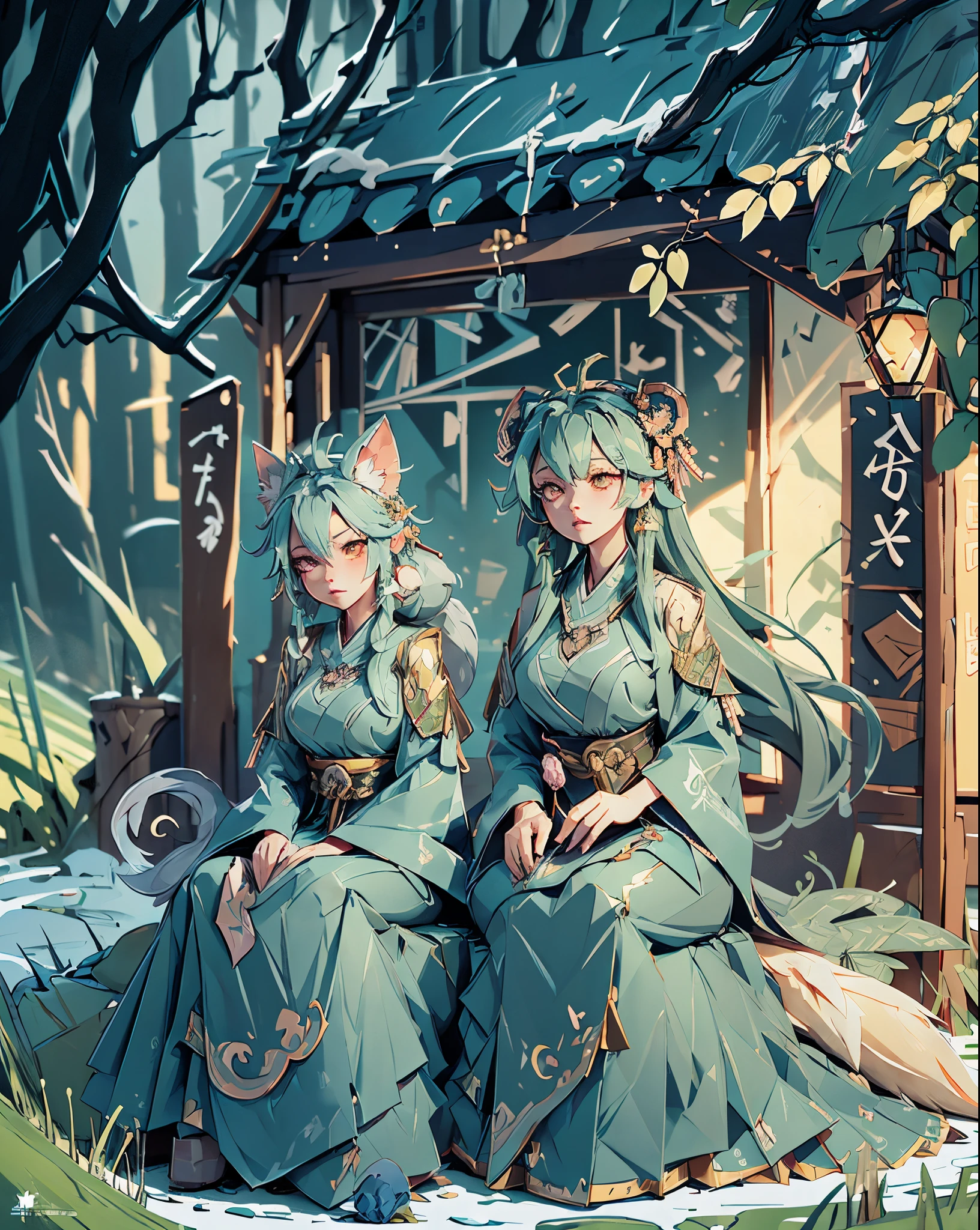 Lazy, A girl and a green-haired fox layying on a branch:1.1, Large breasts, Raised sexy, seductive, ethereal fox, nine tail fox, Fox three-tailed fox, Onmyoji detailed art, Nine tails, A beautiful artwork illustration,mythological creatures, green hanfu, Inspired by the mythical creature wildnet,Digital art on Pixiv, strong lights, high contrast, Horror movie theme, Dark atmosphere, The art of fine arts, Perfect visual composition.