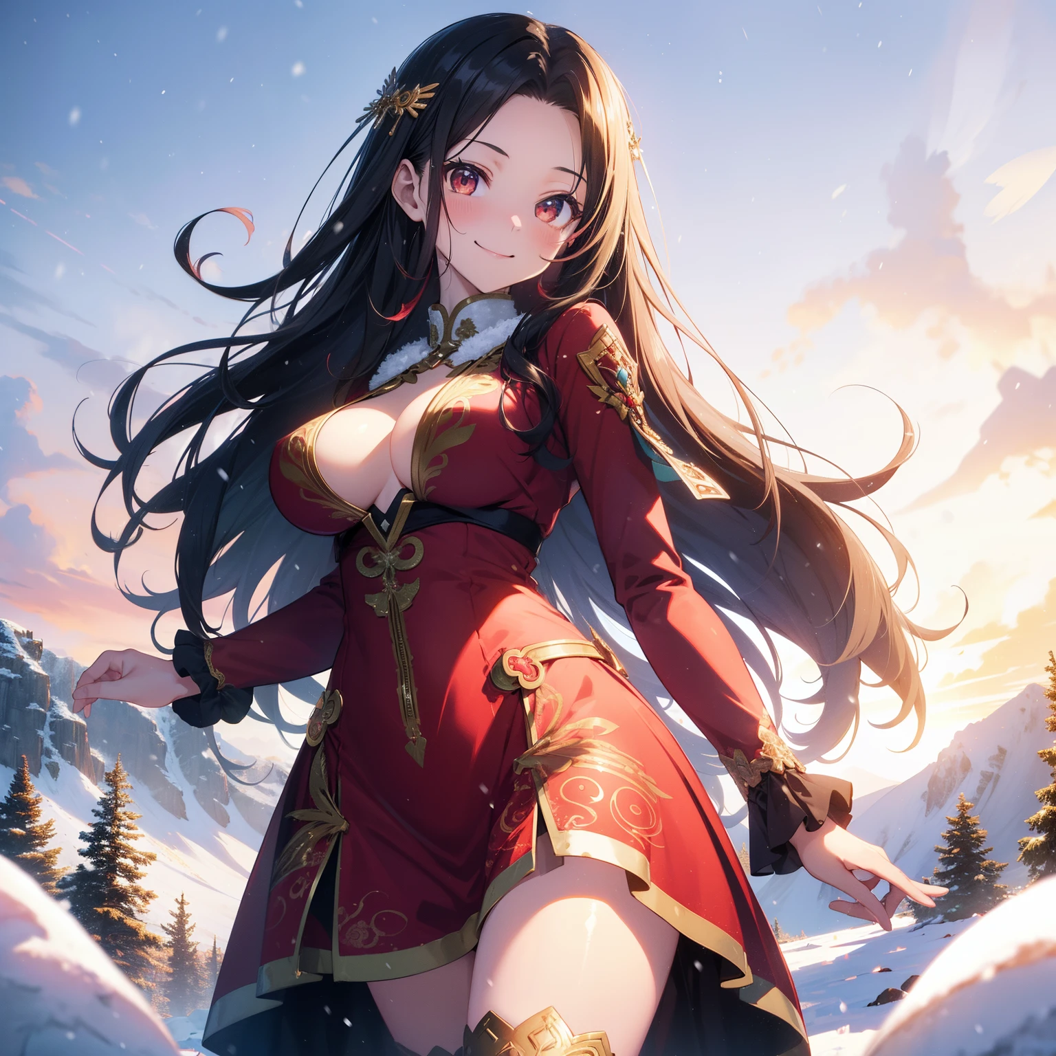 (masutepiece,Best Quality,8K),(extremely detailed CG1.1),teens girl,Smile,large boob,(From below:1.2),Intricate details , Hyper realistic, Perfect Anatomy,A dark-haired,Red Eyes,(((Forehead))),Permed hair with wavy hair,(((length hair))),Hair over one eye,hair slicked back,Full body,(((angel costume))),blush,Happy smile,(((in snow mountain))),Lens Flare,Wind,Magnificent view,(chromatic abberation:1.3),Dynamic Angle,Cowboy Shot,Looking at Viewer,It's snowing,is standing