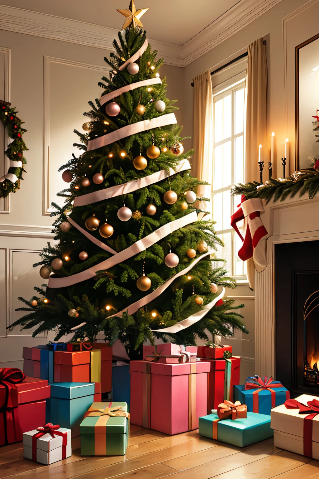 A Christmas tree surrounded with many gifts, 7na bicicleta una avalancha y 7n triciclo