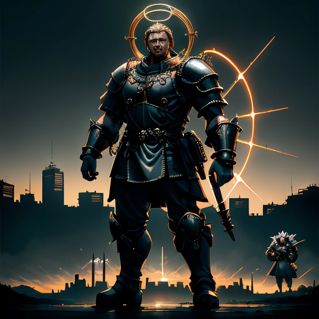 Citiylood rain, a god in th sky, raised arms, ring halo, city below, night, god is glowing, warriors walk about, armor.