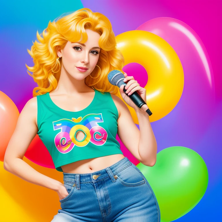 "(Mature and realistic portrayal:1.2) Sailor Neptune exuding confidence as she holds a microphone, her blonde hair cascading down, adorned in stylish rainbow denim clothes from the 2000s, with a backdrop filled with donuts."