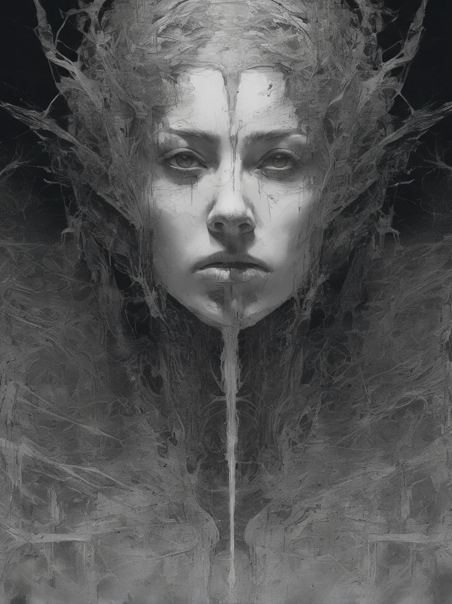 Perfect centralization, Coelho (Franco)by downey, stand posture, Abstract beauty, at centre, looking at the camera in, facing at the camera, nearing perfection, sad, Despero, full bodyesbian, Put your hands on her head, dynamic, The is very detailed, seeds, tack sharp focus, 8K, high definition resolution, illustratio, Artwork by Carne Griffiths and Wadim Kashin, white backgrounid