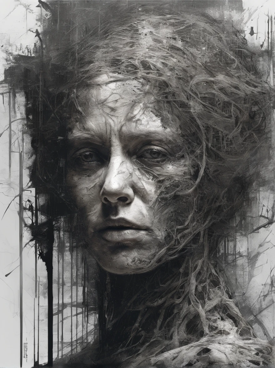Perfect centralization, Coelho (Franco)by downey, stand posture, Abstract beauty, at centre, looking at the camera in, facing at the camera, nearing perfection, sad, Despero, full bodyesbian, Put your hands on her head, dynamic, The is very detailed, seeds, tack sharp focus, 8K, high definition resolution, illustratio, Artwork by Carne Griffiths and Wadim Kashin, white backgrounid