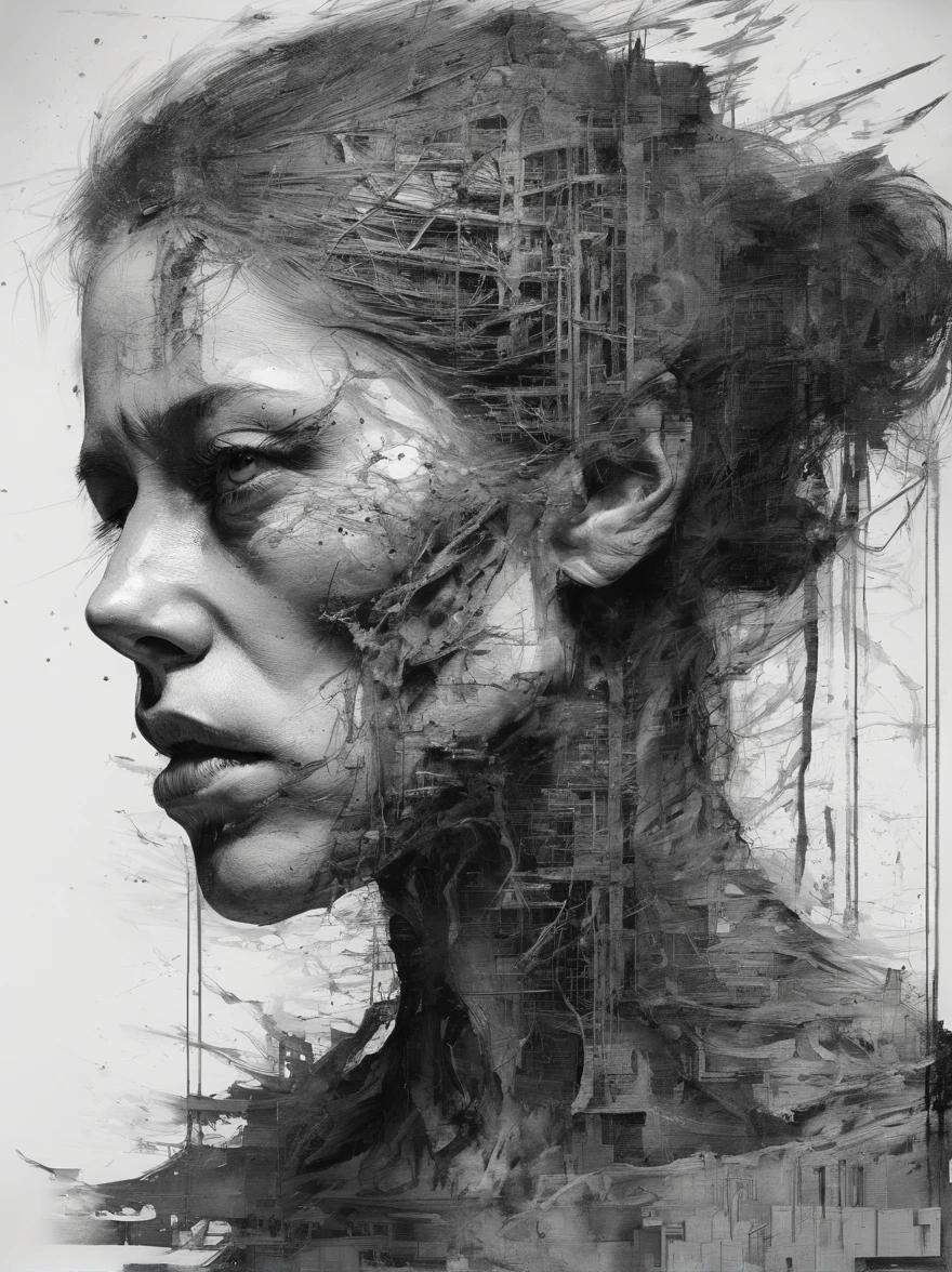 Perfect centralization, Coelho (Franco)by downey, stand posture, Abstract beauty, at centre, looking at the camera in, facing at the camera, nearing perfection, sad, Despero, full bodyesbian, Put your hands on her head, dynamic, The is very detailed, seeds, tack sharp focus, 8K, high definition resolution, illustratio, Artwork by Carne Griffiths and Wadim Kashin, white backgrounid