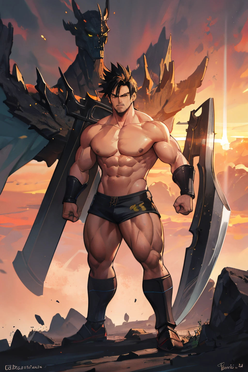 A full color anime drawing of a mythical warrior named Brock, anime style, detailed muscles, rugged face, caucasian, brown eyes, very tall and buff, bigger size than the incredible hulk, bald, sleep-deprived facial stubble, full body portrait, high definition, high quality, heavy magic armor, bare chest with big X scar, brawny body, extremely ripped and muscular, carrying a huge magical battle axe, he can crush you with nothing but brute strength, standing on top of a mountain with the sunset in the background, he's ready to do battle, focused eyes, moody, dark, there is a very powerful energy surrounding his whole body like a super saiyan