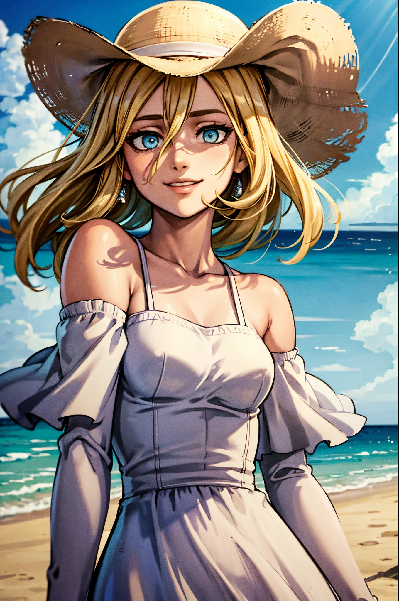 (masterpiece), best quality, expressive eyes, perfect face, highres, (8k), (perfect face), (ultra details), pikkyhistoria, 1girl, solo, blonde hair, hair between eyes, short hair, long hair, blue eyes, long white dress, off shoulders, A-line dress, white, hat, beach hat, beach background, wind blowing, sand, clear sky, hair blowing in the wind, dress moving in the wind, smiling, standing, portrait, looking at the viewer, from above