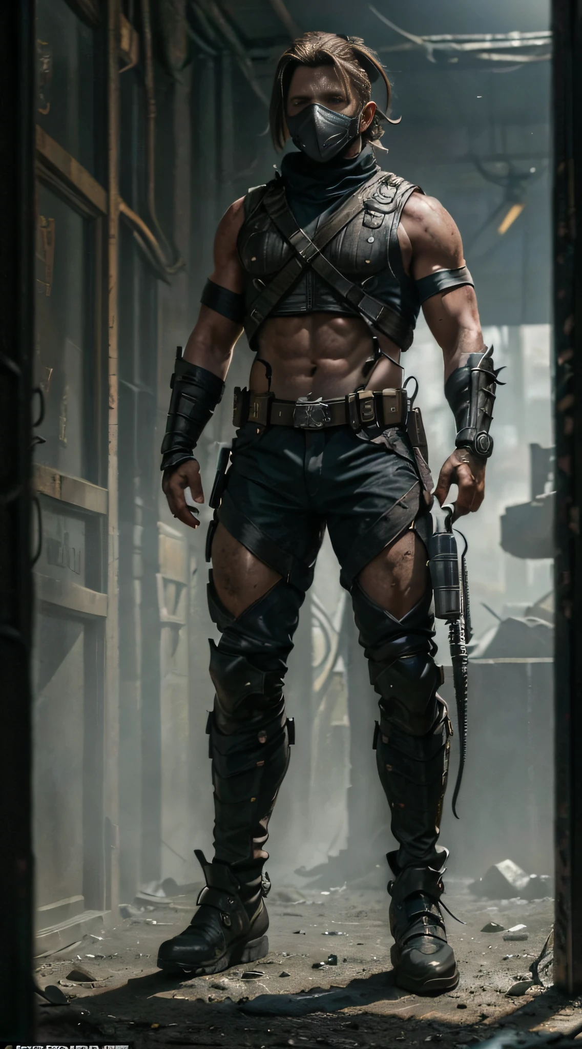 ((Bradley Cooper)) as Kabal from Mortal Kombat, solo, short ponytail, (face covered by a respirator:1.2), wears a wasteland outfit, (wields hooks:1.2), (cowboy shot), (full body view), (full body render), intricate, high detail, sharp focus, dramatic, photorealistic painting art by greg rutkowski