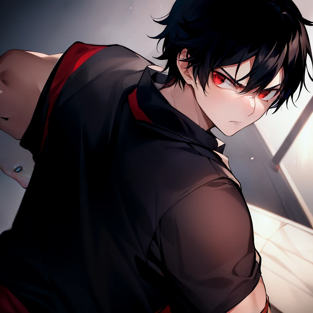 1 boy, black hair, red eyes, volleyball jersey, annoyed, serious