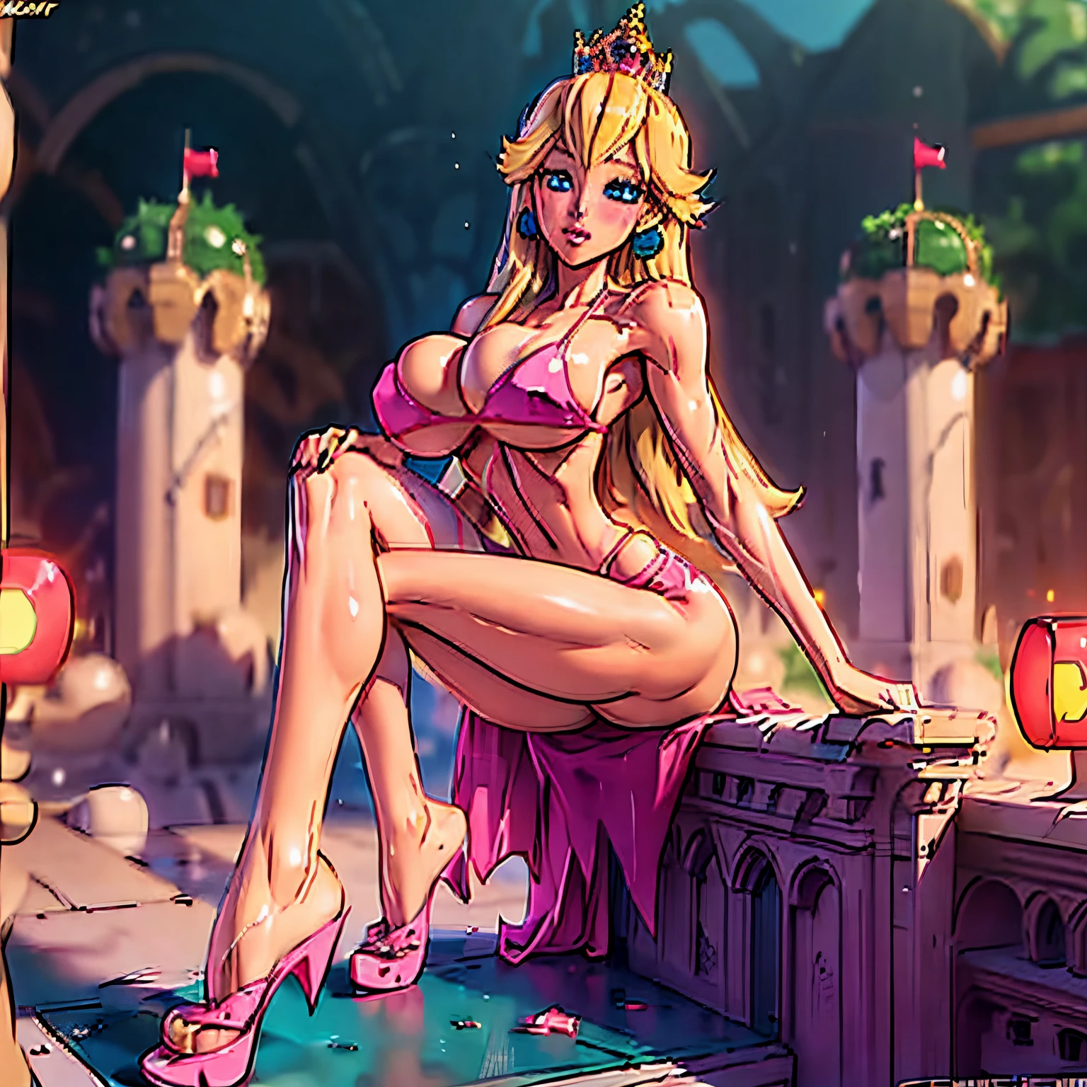 (masterpiece), (best quality), (ultra detailed creation), young lady, ((bikini transparent)), (locate in a castle), huge breasts, thighs, blush, seductive pose, (((solo)))