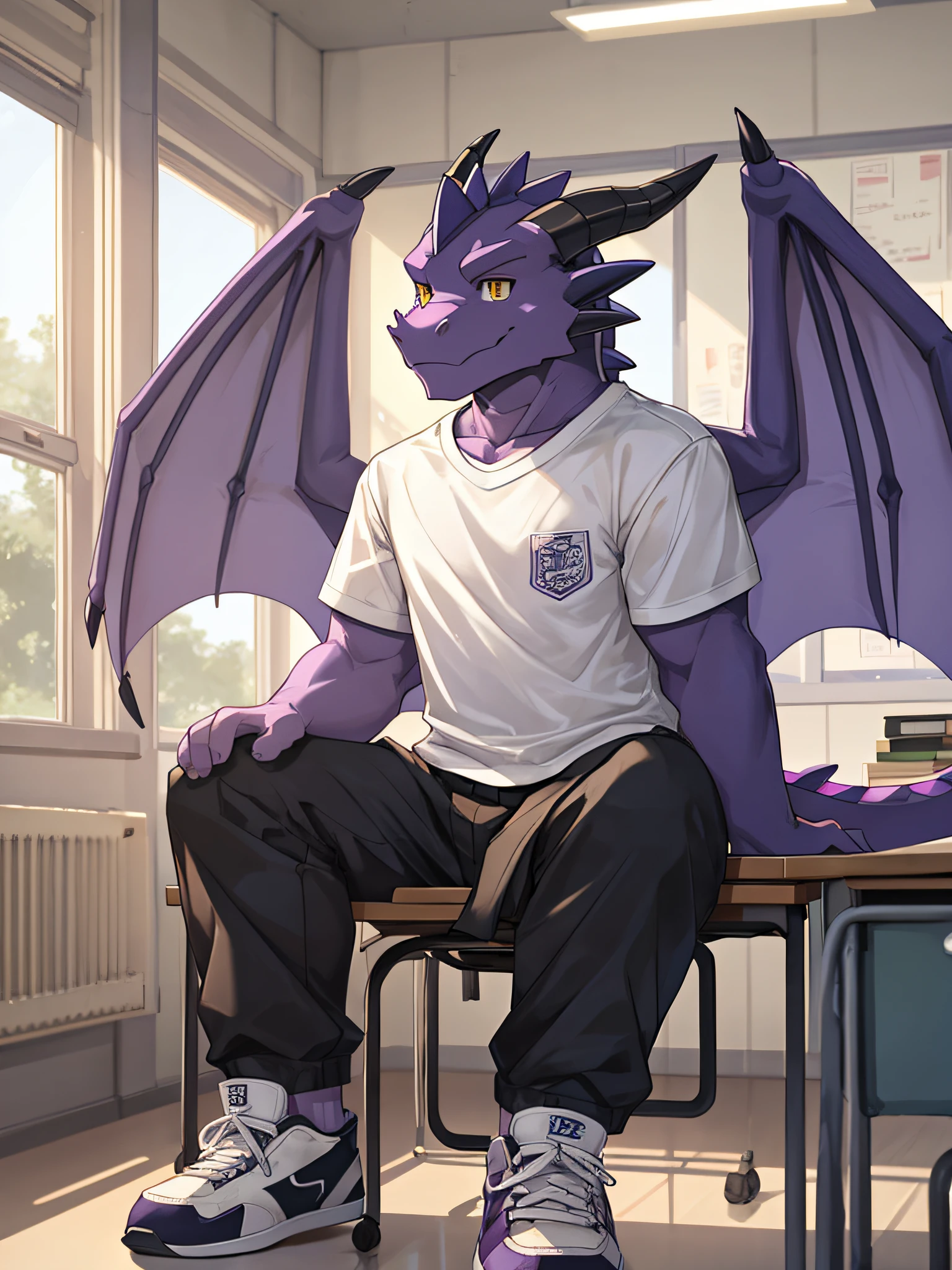 furry,bara,Shota,a dragon,Light purple skin,There is a slight dark purple stripe..,yellow eyes,It has only a small amount of muscle.,No wings,Wear a white school shirt..,black pants,Try student sneakers,students sitting in the classroom&#39;table,sitting by the window,Age not more than  years