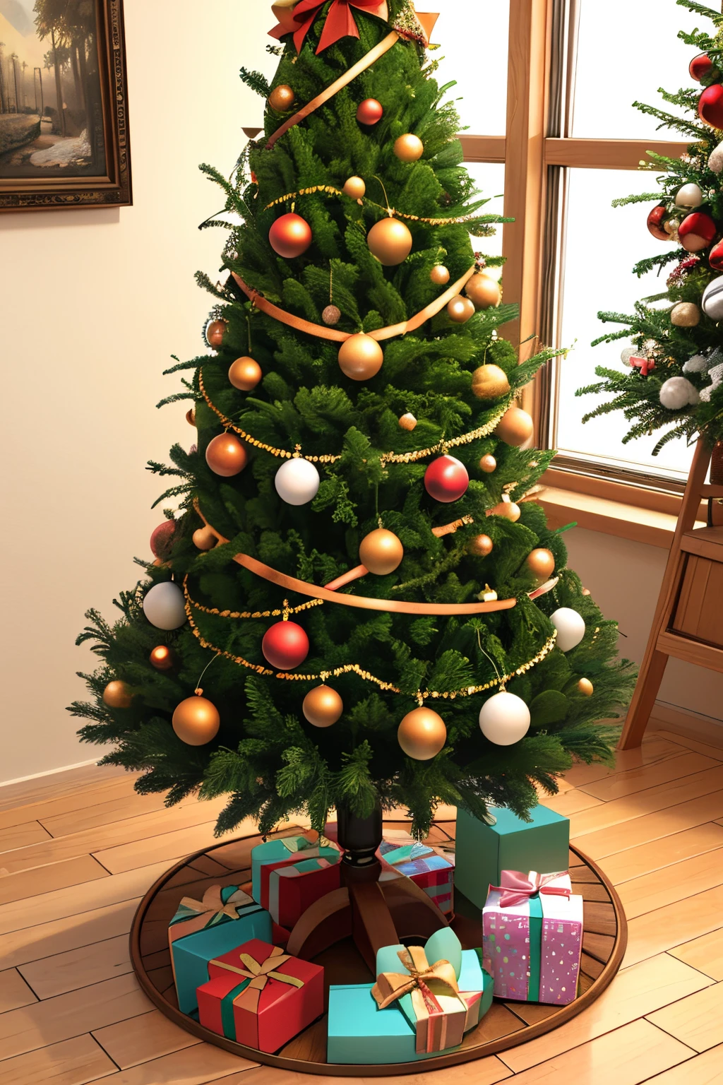 A Christmas tree surrounded with many gifts, 7na bicicleta una avalancha y un triciclo en 3D