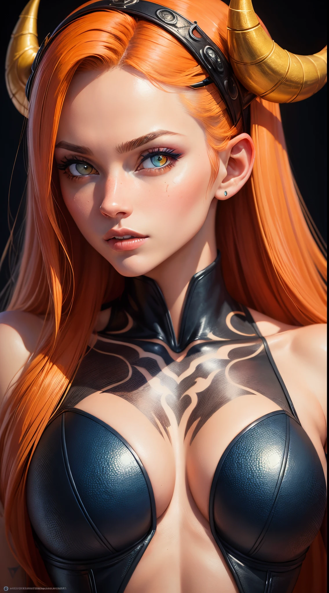 (((Masterpiece))), (((Best Quality: 1.4))), ((Super Detail: 1.4)) , hyper detailed gouache painting of a female Tiefling, gorgeous exotic features, amber neon eyes:1.5, orange hair, hyper detailed face features, expressivo face, detailed textures, blue skintone, tattoos, natural skin shader, volumetrics, warm undertones under her skin, ultra High resolution