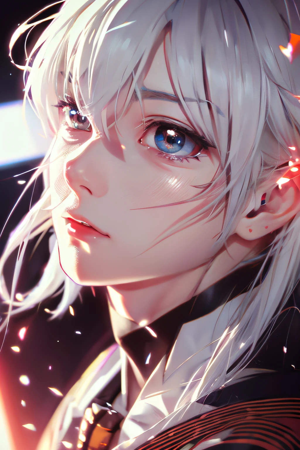 male people，((masutepiece)), ((Best Quality)), ultra-detailliert,((Illustration)), Dynamic Angle, Detailed light, (Delicate eyes), 1boy, Male Focus, White hair, Very long hair, Red Eyes, mysterious story, Vibrant colors, Clear lines, High Sharpness, Detailed face, Dating red eyes, darkly, Anime 4K Style, 4k anime wallpaper, High quality anime art style， anime moe art style， Anime art wallpaper 8k， anime art wallpaper 4k, pixiv, Mid Journey Portrait, fragment of material, Ultraphotorealism, 32K resolution, Excellent painting with great detail