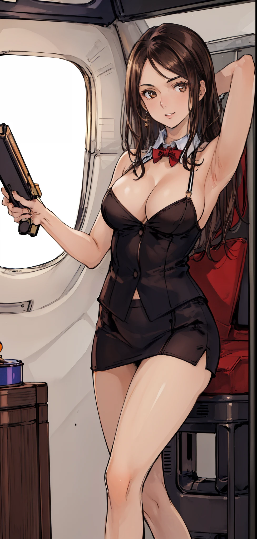 ((Best quality, 8k, Masterpiece :1.3)), Focus: 1.2, Perfect Body Beauty: 1.4, Slim Abs: 1.2, ((Dark Brown, 1.2)), 20 year old girl, tareme, no makeup, blurred background, plane, (flight attendant: 1.1), lush hair, breasts, exposed cleavage
