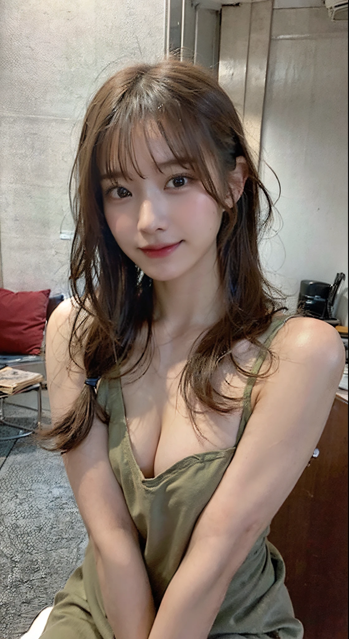 (masterpiece:1.3)、 (in 8K、Photorealsitic、Raw photography)、1 Japan High School Girl、(Random hairstyles:1.2)、Big:1.3、Super Detail Face、Contour eyes、二重まぶた、foco nítido:1.2、prety woman:1.4、Slightly brown hair、top-quality、masterpiece、超A high resolution、(Photorealsitic:1.4)、natural soft light、A smile、(Slouched:1.8)、Look at viewers、looking-down、in a cafe、The upper part of the body、Chest Sharp Focus:1.1、NSFW、Young Sensual Gravure Idol、 Realistic sensual gravure idol、Wear only green apron:1.1、RAW Photos、no-bra、large full breasts、Valley、exposed breast、Reveal madness、City Street:1.1、((エロ、fullnude))、sideways Facing、((The side of the chest is completely visible))、