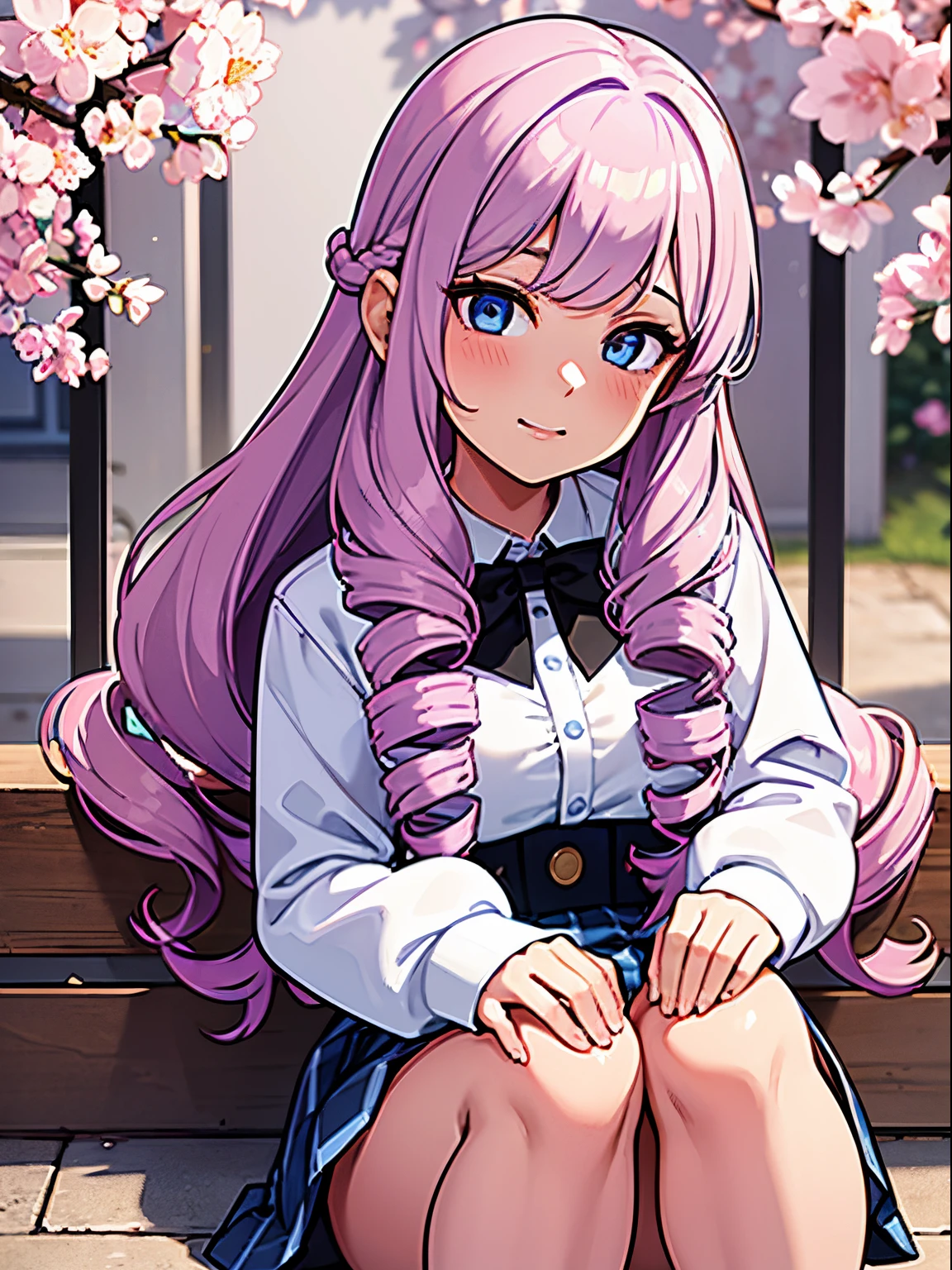 A portrait of a young girl with long violet wavy hair and drill curls, side-swept bangs, blue eyes, ligh tanned skin, soft smile, wearing white long sleeved blouse with black necktie, blue checkered skirt, at a cherry blossom park